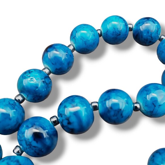 Vintage Blue Glass Bead Alternating Hematite Toggle Close Collar Necklace 19" - Picture 2 of 6